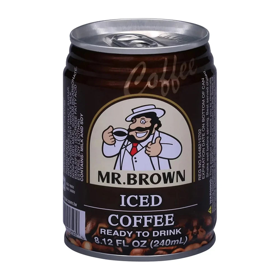 MR.BROWN 伯朗经典冰咖啡 240mL 罐装，深棕色罐身，标注有 Iced Coffee Ready To Drink 字样。