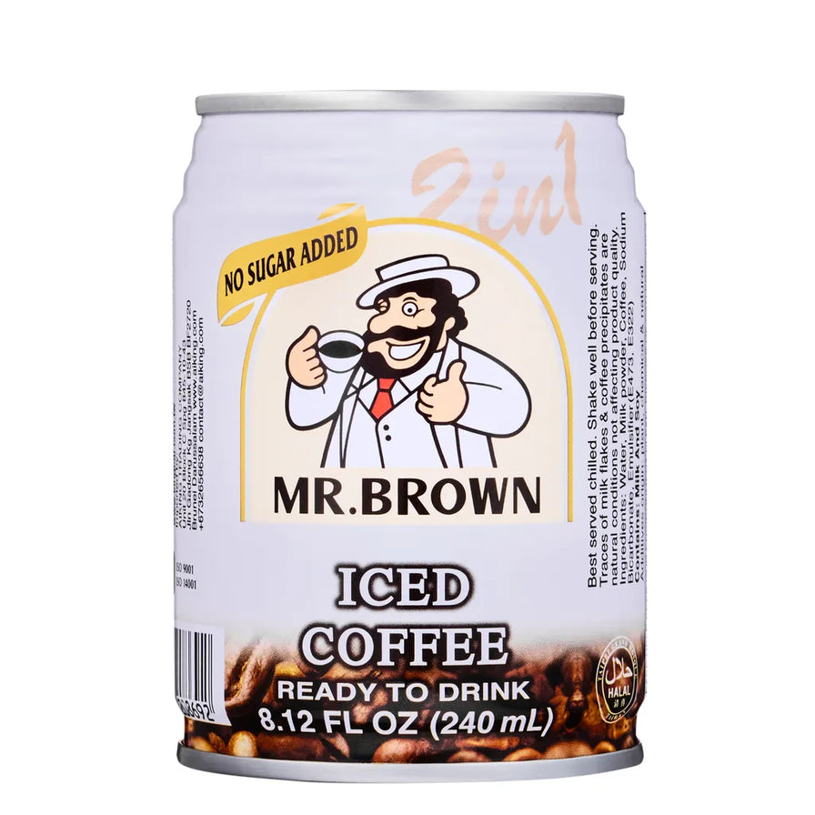 MR.BROWN 伯朗无糖添加冰咖啡 240mL 罐装，白色罐身，带有 No Sugar Added 黄色标签。