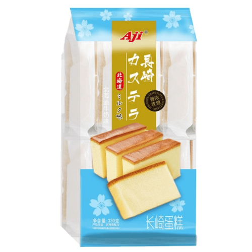 牛奶味长崎蛋糕独立包装特写，展现经典奶香风味的绵密质地