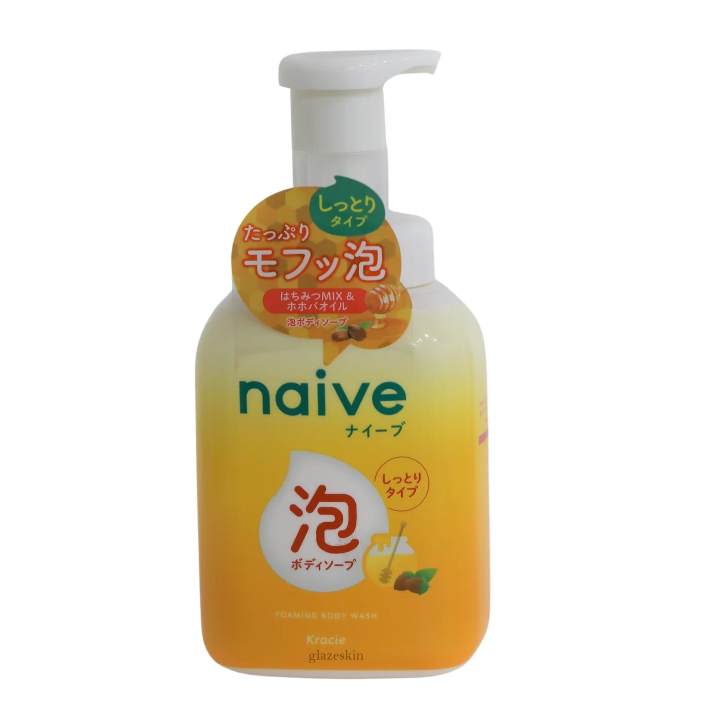 Naive 蜂蜜泡泡沐浴露正面图，黄色瓶身配白色泵头，标签显示日文及蜂蜜成分图案。