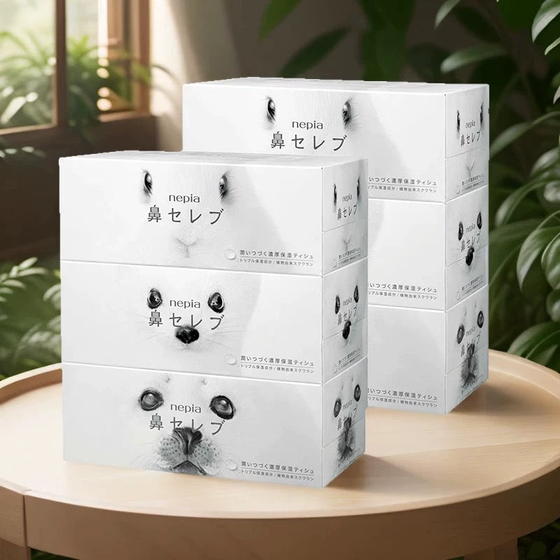 妮飘保湿面巾纸单盒正方形展示图，白色包装配蓝色品牌标识