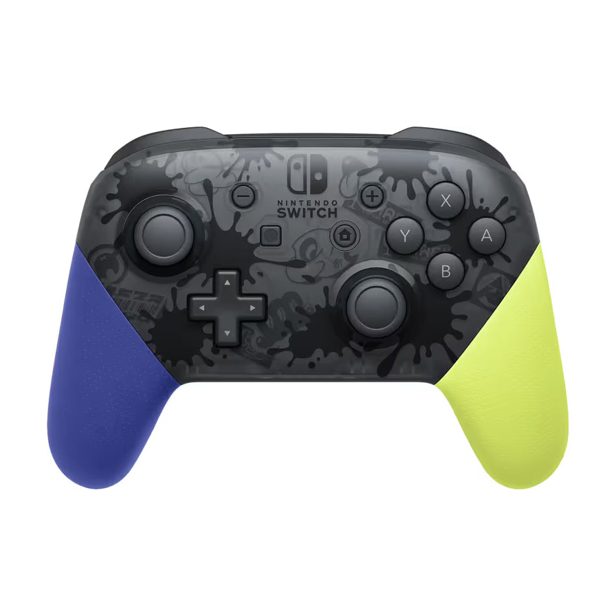 任天堂 Switch Pro 手柄喷射战士 3 限定版，正面视角，展示黑色半透明外壳、喷漆涂鸦纹理以及蓝黄撞色握把。