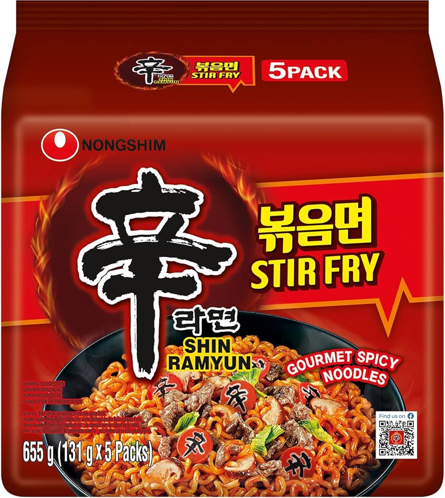 农心辛拉面炒面 5 连包正面包装，展示经典香辣味干拌面产品外观