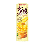 好丽友薯愿香烤原味波浪薯片包装盒正面图，黄色背景，印有非油炸标识和薯片图案。