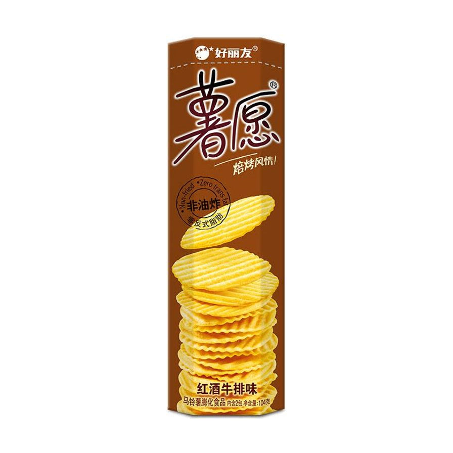 好丽友薯愿红酒牛排味波浪薯片包装盒正面图，棕色背景，印有非油炸标识和堆叠的薯片。
