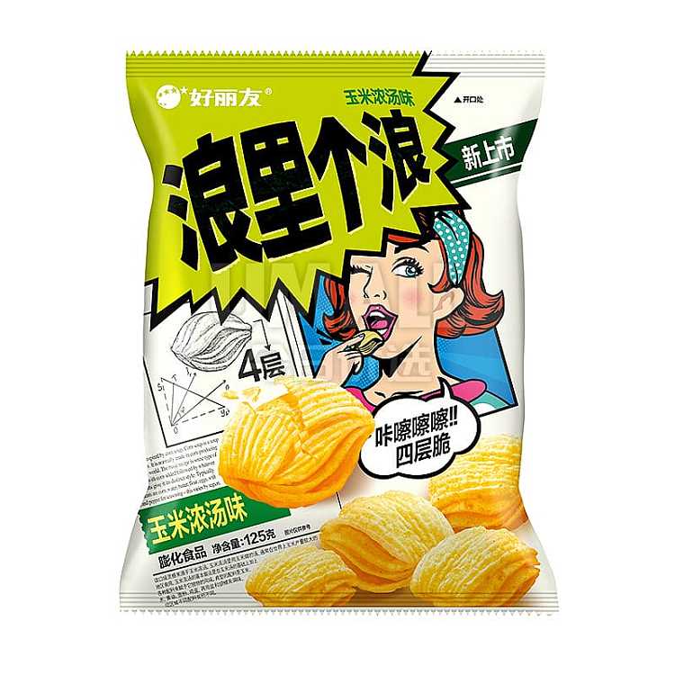 好丽友浪里个浪玉米浓汤味薯片包装正面，黄色调展示浓郁风味零食
