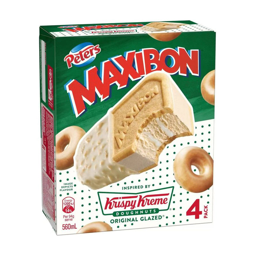 Peters Maxibon 与 Krispy Kreme 联名款甜甜圈风味汉堡雪糕 4支装包装盒正面图，展示了半边饼干半边脆皮的雪糕造型及原味糖霜甜甜圈元素。