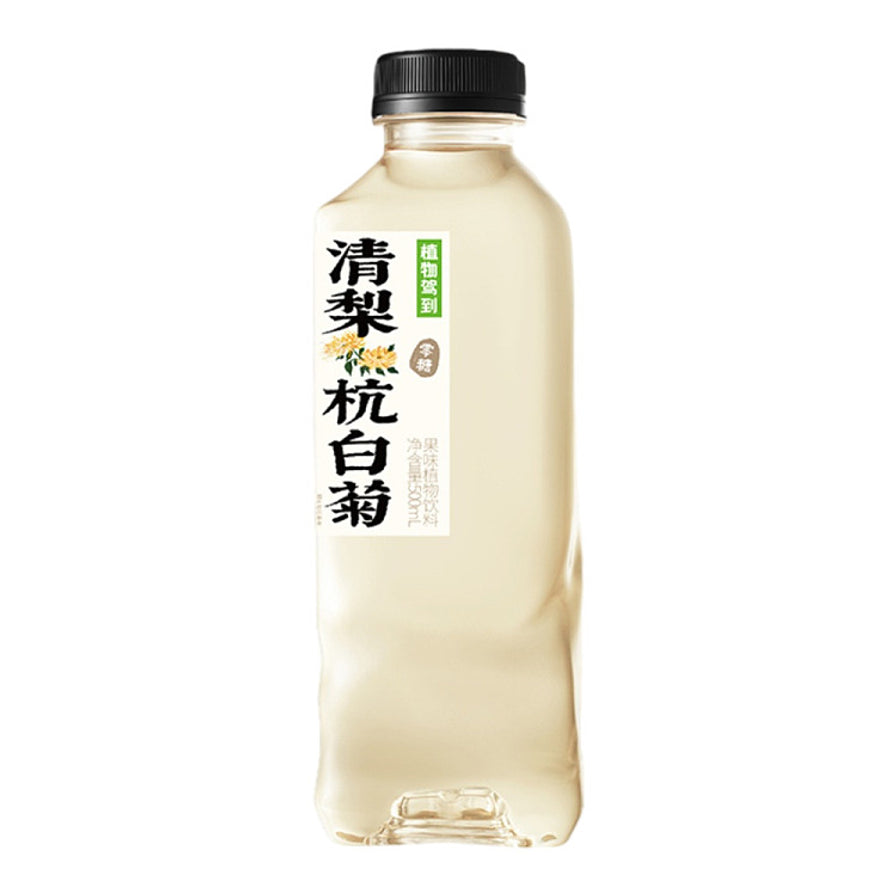 植物驾到清梨杭白菊500ml瓶装，白色标签印有黑色书法字体及菊花图案，透明瓶身展示清澈液体。