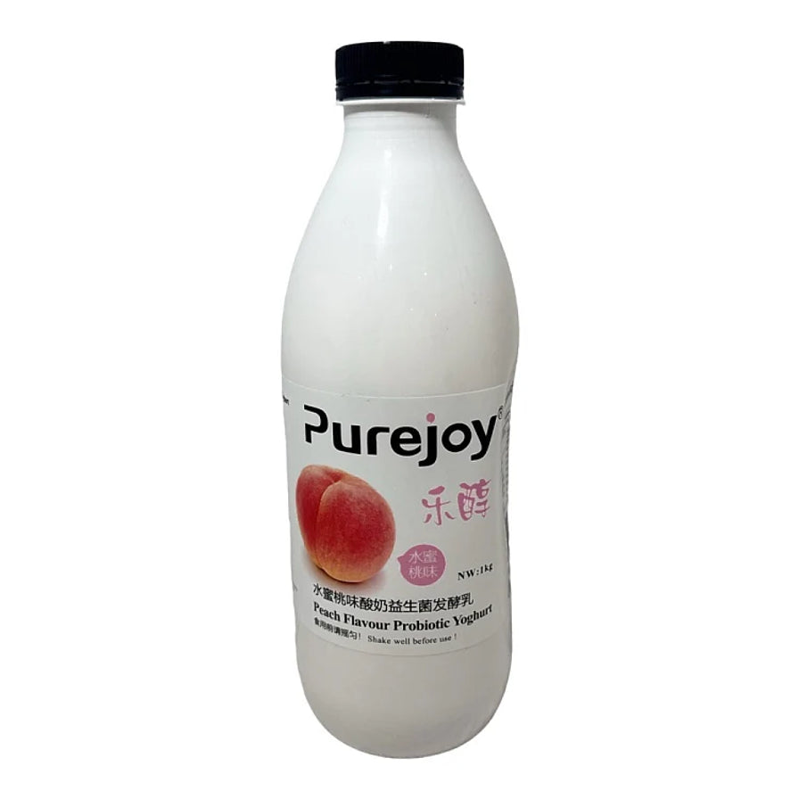 乐醇 Purejoy 水蜜桃味益生菌发酵乳 1kg 瓶装，白色瓶身印有水蜜桃图案，黑色瓶盖。