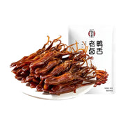 钱家香老卤鸭舌，一盘色泽红亮、肉质饱满的卤鸭舌，背景为白色包装袋。