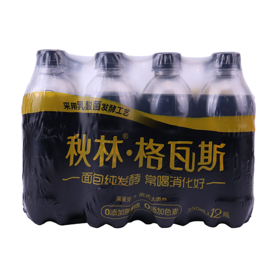 秋林格瓦斯面包发酵饮料，350ml*12瓶整箱塑封包装，瓶身印有秋林格瓦斯品牌标识及0添加蔗糖、0添加色素字样。