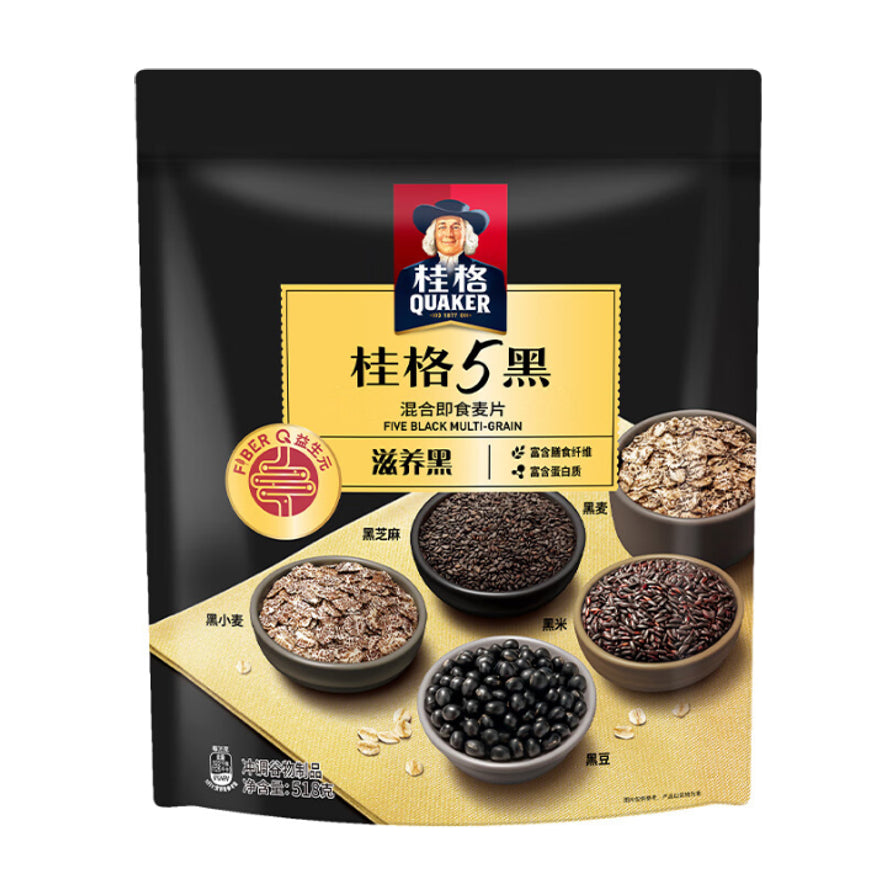 桂格5黑混合即食麦片包装正面图，展示黑豆、黑米、黑芝麻、黑麦、黑小麦五种黑色食材。