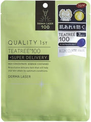 Quality 1st 激光舒缓茶树面膜包装袋正面，展示绿色包装设计与 7 片装规格信息