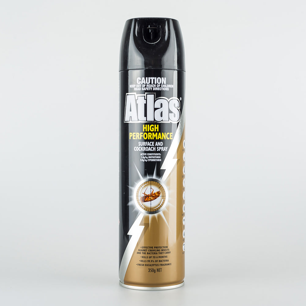 Raslan Atlas 高效杀虫喷剂标准款瓶身正面图，白色瓶身配红色标签，适用于蟑螂蚊虫等害虫。