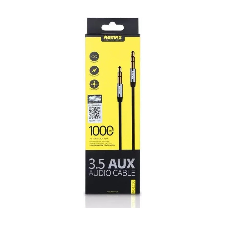 REMAX 3.5mm AUX 音频线黄色包装盒正面，标有 3.5 AUX AUDIO CABLE 字样及防伪二维码。