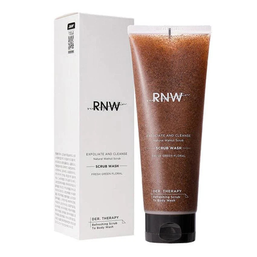 RNW 二合一磨砂沐浴露产品与白色包装盒正面展示，棕色软管内含核桃磨砂颗粒。