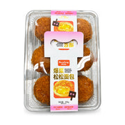 润食坊爆浆松松面包300g盒装，透明包装内含六枚裹满肉松的面包，包装正面印有爆浆流心展示图。