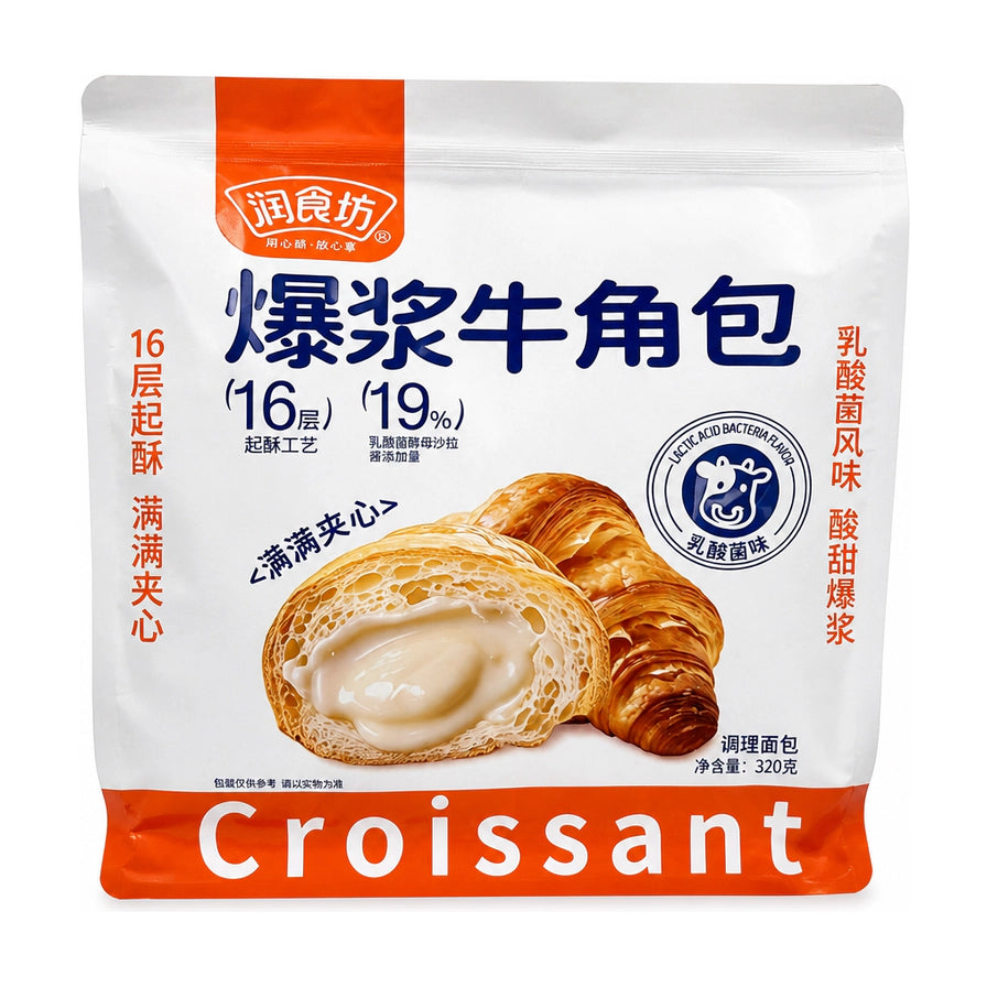 润食坊爆浆牛角包包装正面图，白色背景，包装上印有16层起酥工艺和乳酸菌风味夹心展示图，净含量320克。