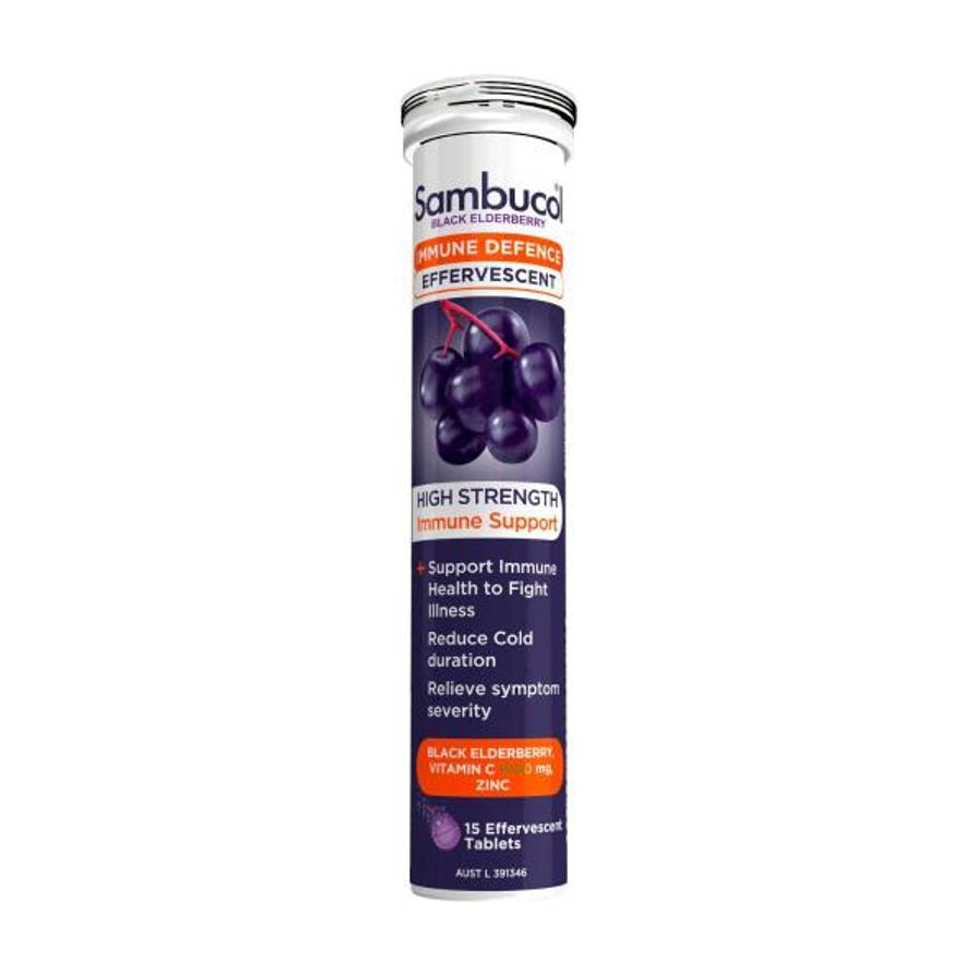 Sambucol黑接骨木免疫防御泡腾片15片装，白色管状包装，印有黑接骨木果实图案及Immune Defence字样。