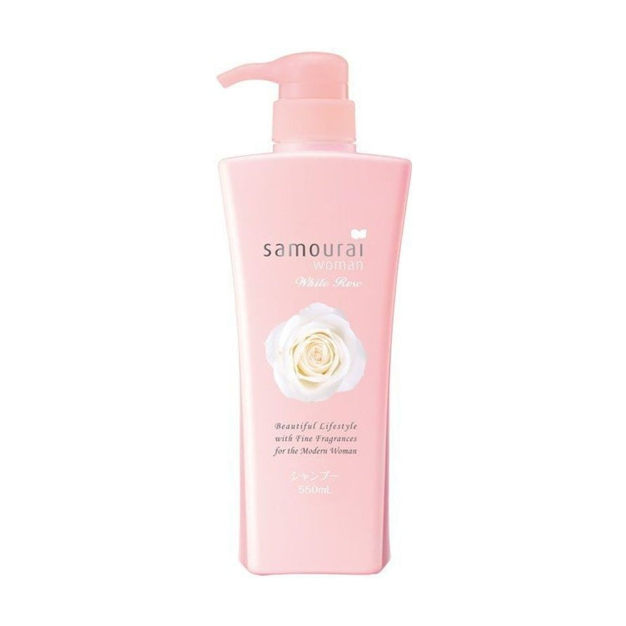 Samoural 白玫瑰洗发水单瓶特写，粉色瓶身印有白色玫瑰花图案及英文品牌标识。