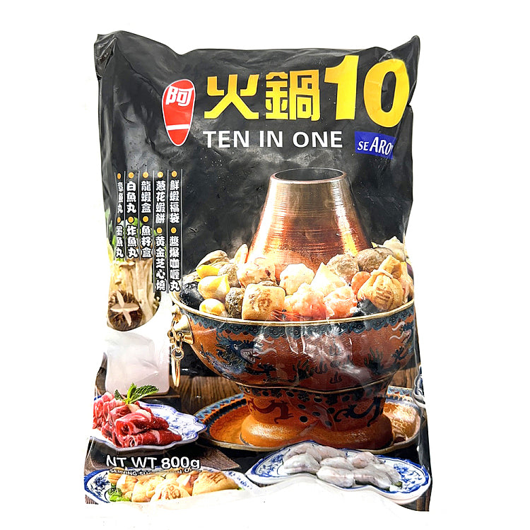 阿一十合一火锅丸子组合包装，包含鱼丸、肉丸和福袋等多种冷冻食材。