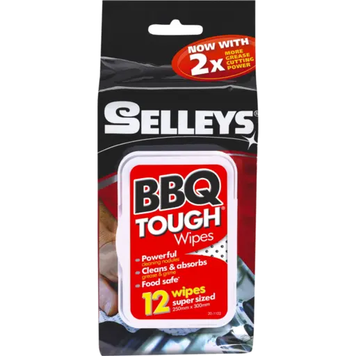 Selleys 烧烤清洁湿巾包装正面，12 片装超大尺寸强力除油湿巾