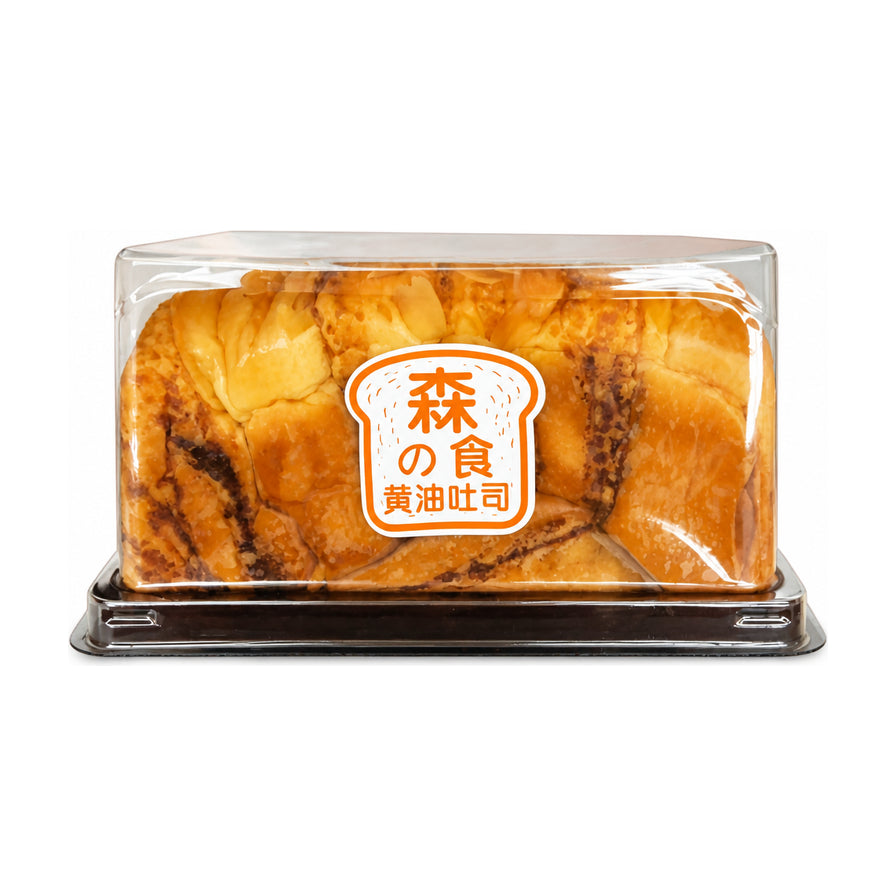 森食黄油吐司，透明盒装，色泽金黄诱人，白色背景主图。