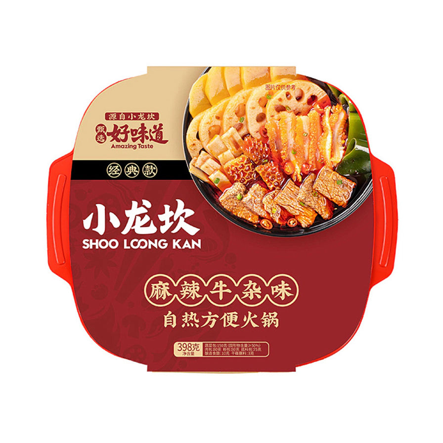 小龙坎麻辣牛杂味自热方便火锅包装正面，图片显示有牛杂、藕片、木耳等多种食材，包装为深红色调。