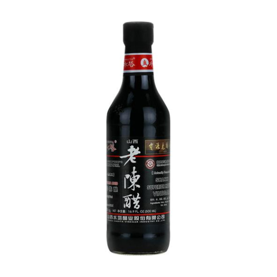 水塔牌山西老陈醋500ml瓶装，黑色瓶身带有红色封口贴，标签上印有老陈醋字样及山西水塔醋业股份有限公司信息。