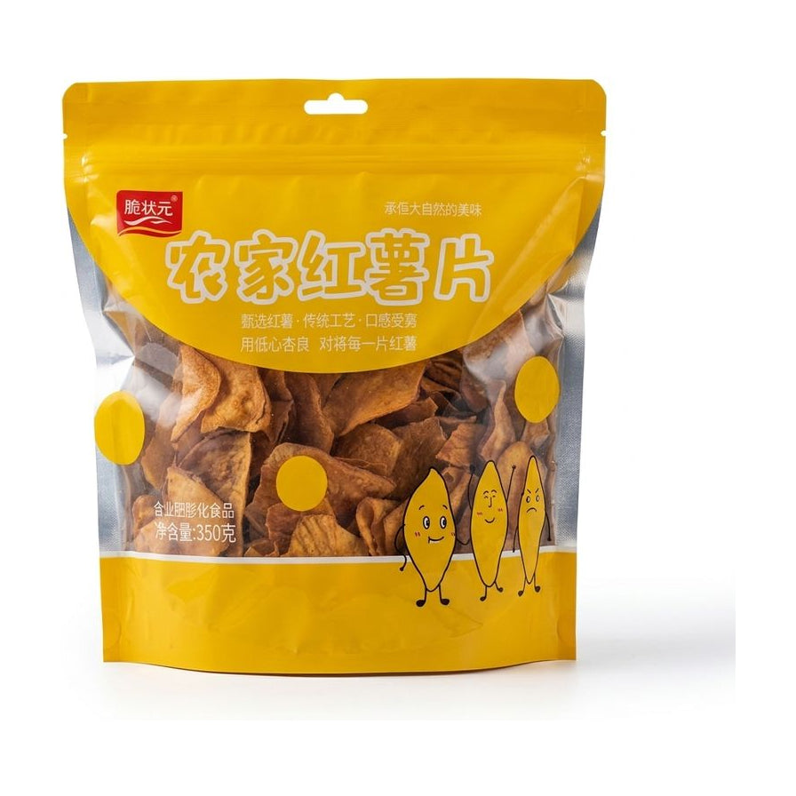 脆状元农家红薯片 350g 正面包装图，黄色袋身印有品牌 Logo、产品名称及卡通红薯图案，透明视窗展示内部红薯片实物。