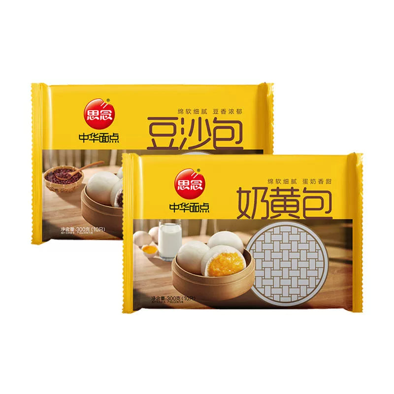 思念经典大包系列冷冻面点组合装，包含奶黄、豆沙和香菇菜三种口味