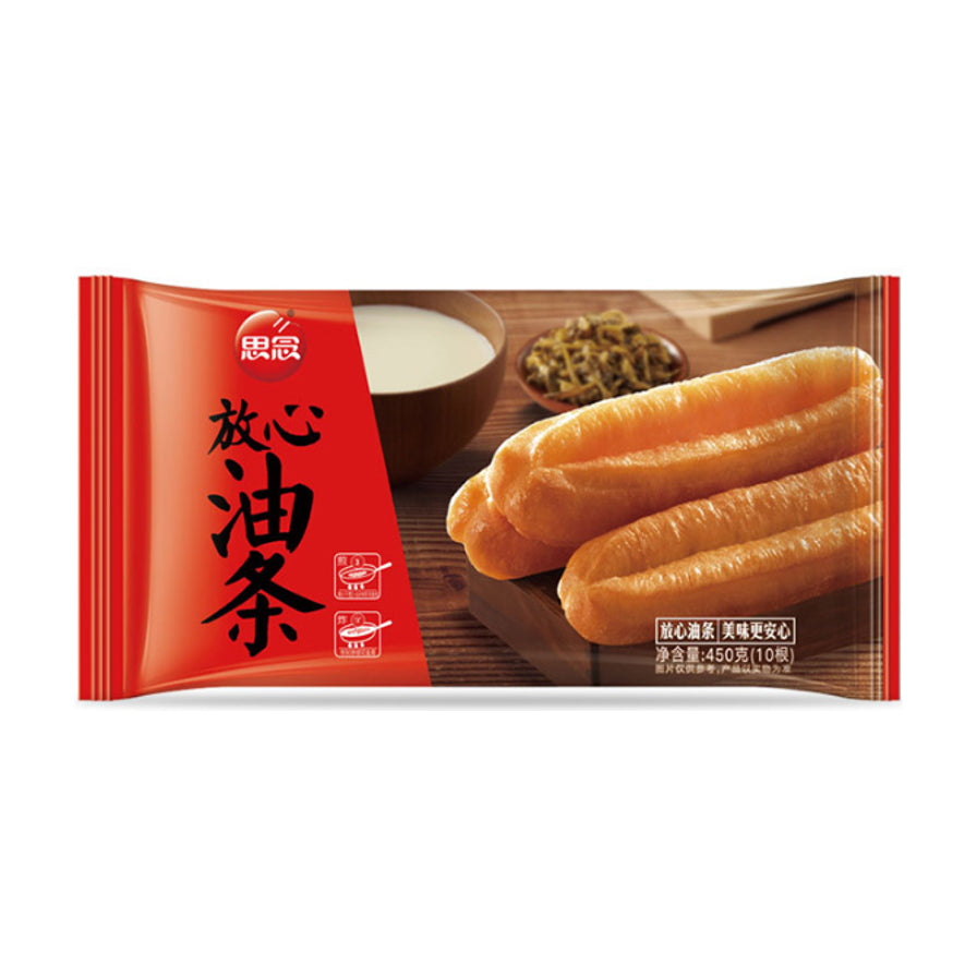 思念放心油条包装图，展示了金黄酥脆的油条、一碗豆浆和一碟小菜。