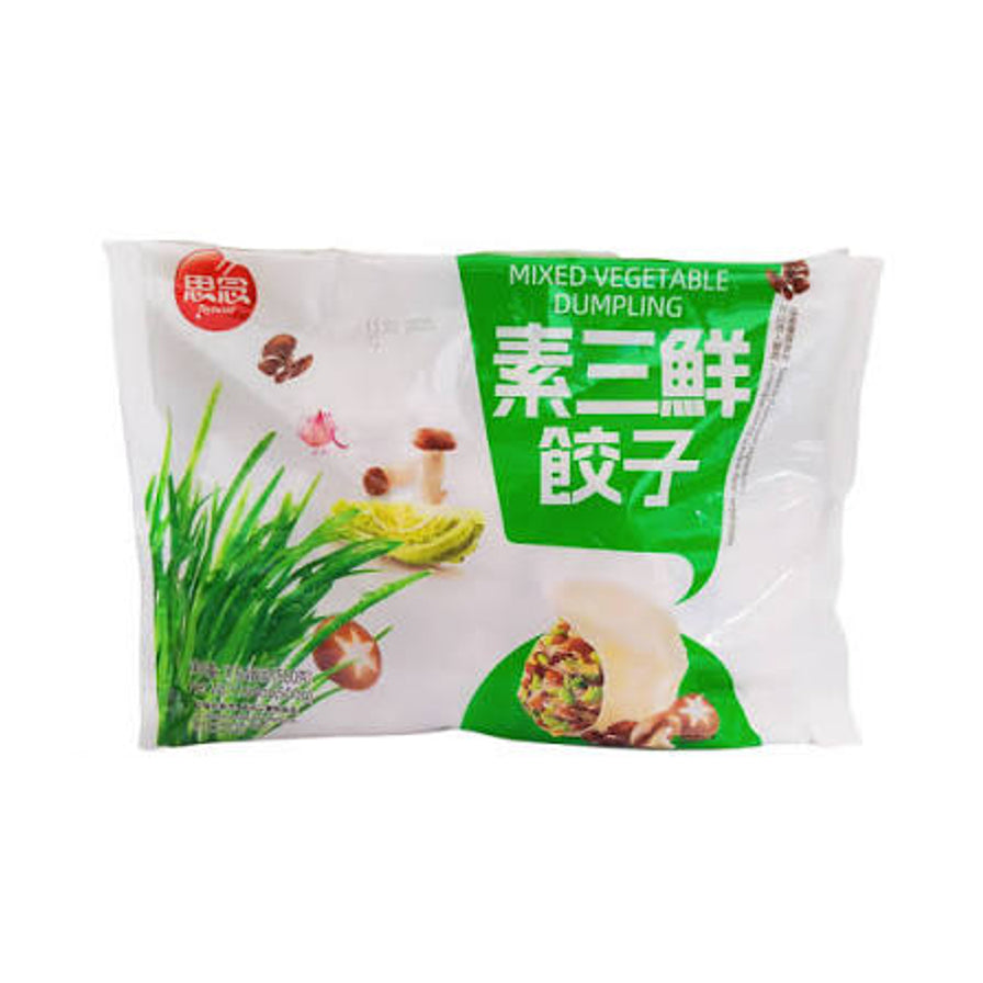 思念素三鲜饺子500克包装正面图，白色包装袋上印有韭菜、香菇等食材，右侧为绿色色块标注产品名称。