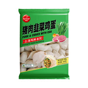 思念猪肉韭菜鸡蛋风味水饺包装正面图，展示绿色蔬菜与肉馅搭配