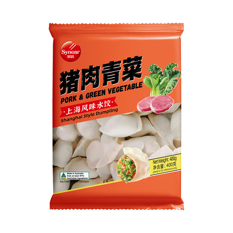 思念猪肉青菜风味水饺包装正面图，展示清爽绿叶菜与猪肉搭配