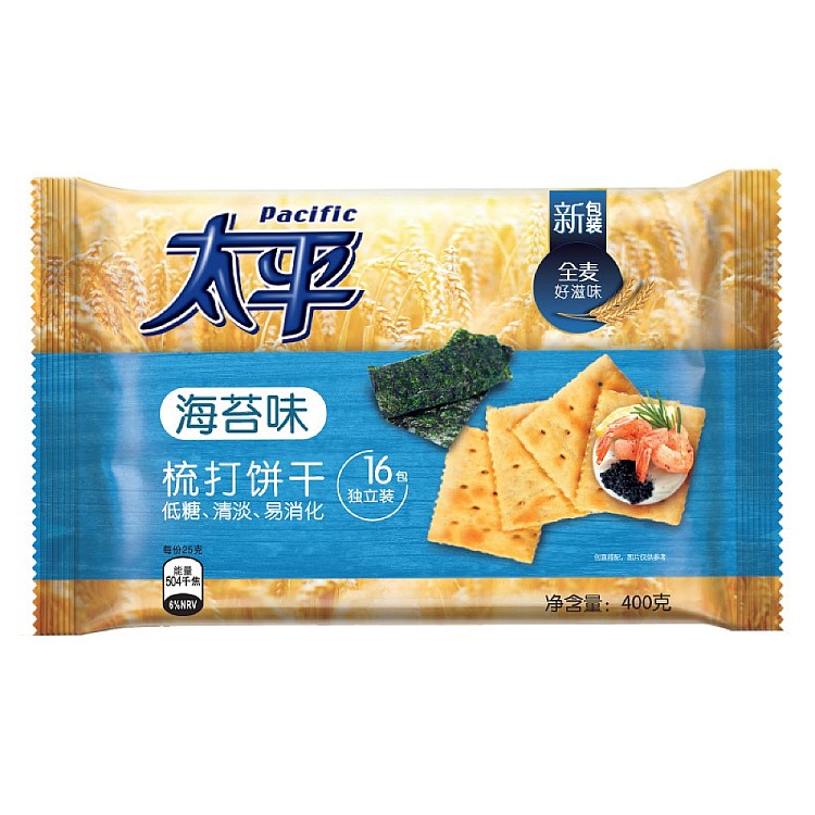 太平海苔味苏打饼干包装特写，咸香酥脆，适合下课快速充饥或搭配牛奶早餐。