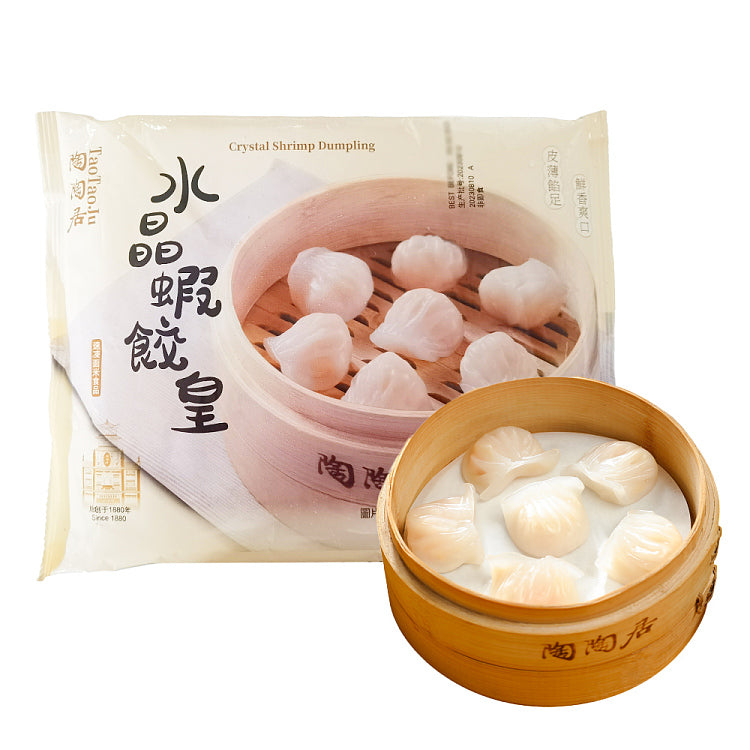 陶陶居水晶虾饺皇冷冻包装袋正面，展示品牌标志与透过包装可见的虾饺形态
