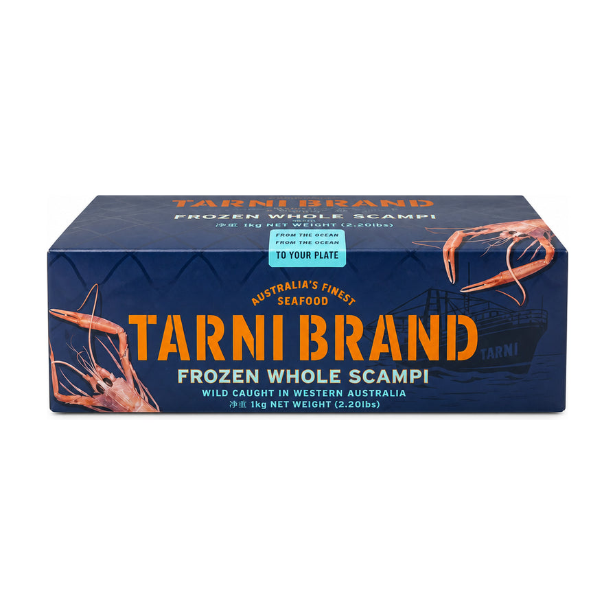 Tarni 品牌西澳出口级 Scampi 鳌虾 1kg 蓝色礼盒包装正面图，标注有 Frozen Whole Scampi 字样。