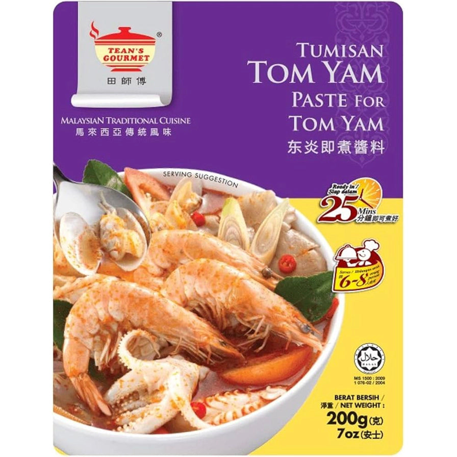 田师傅冬阴功即煮酱料200g包装正面图，紫色包装，印有鲜虾冬阴功汤成品图。