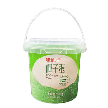 哇迪卡泰国椰子蛋桶装主图，展示开盖后完整的嫩椰肉和清甜椰水