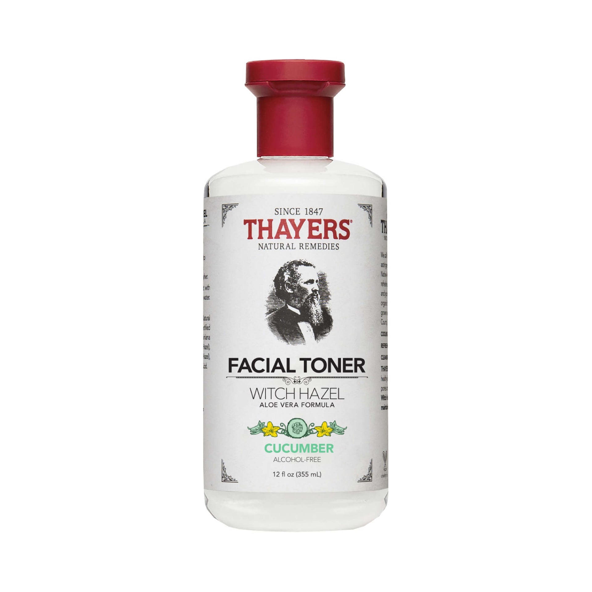 Thayers 金缕梅爽肤水黄瓜味正面瓶身图，展示绿色标签与透明液体质地