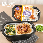 田小花自热米饭台式卤肉口味包装，展示含大块卤肉和米饭的成品效果图。