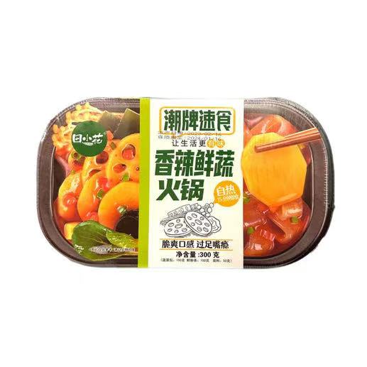 田小花自热火锅香辣鲜蔬味包装正面，展示红油辣汤底与莲藕竹笋等配菜。