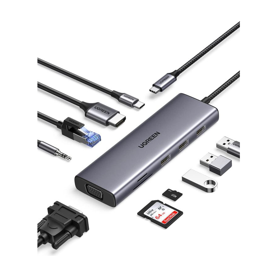 绿联10合1多功能扩展坞，深灰色金属外壳，展示了连接HDMI、VGA、网线、USB、SD卡及3.5mm音频线的全接口布局。