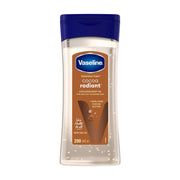 凡士林 Vaseline 全可可脂滋润身体油 200ml 正面图，透明瓶身展示浅金色油状质地，蓝色瓶盖。