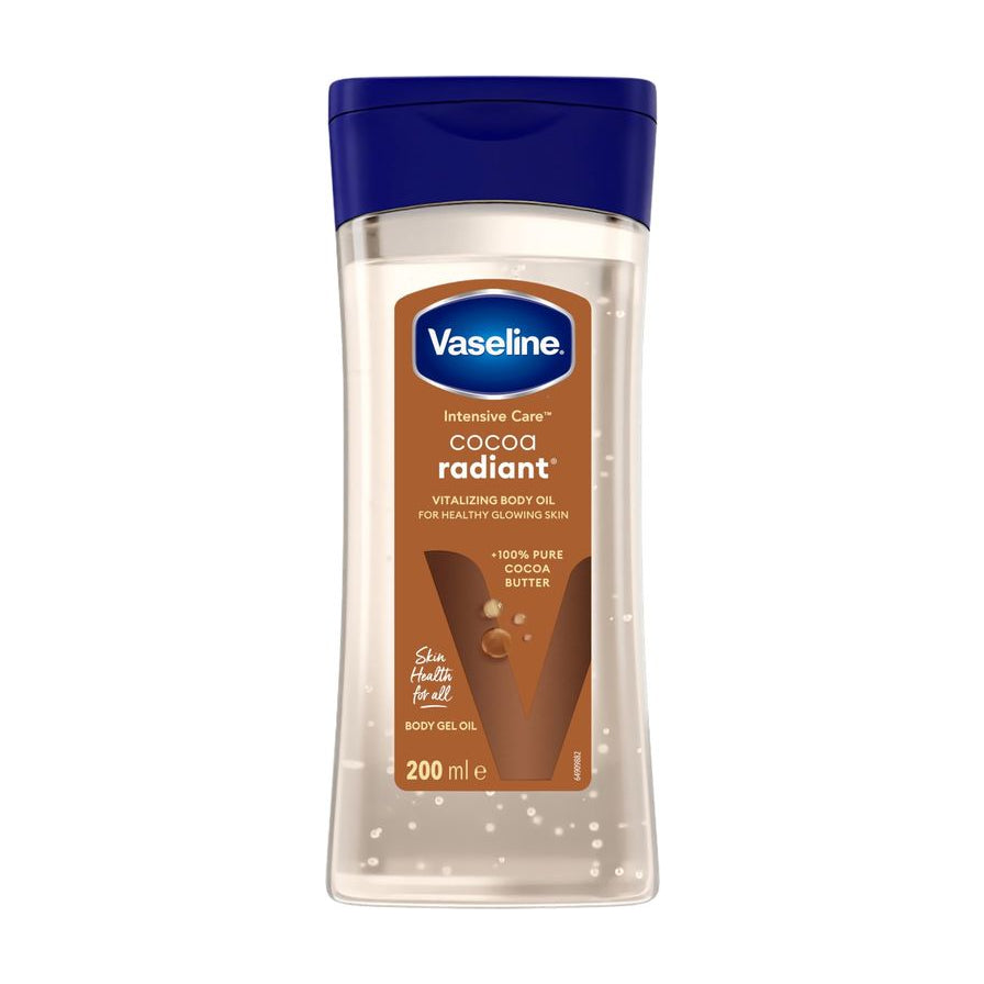 凡士林 Vaseline 全可可脂滋润身体油 200ml 正面图，透明瓶身展示浅金色油状质地，蓝色瓶盖。