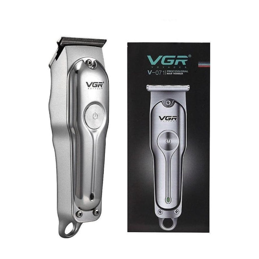 VGR V - 071 专业电动理发器，全金属机身设计，展示理发器实物及黑色包装盒。