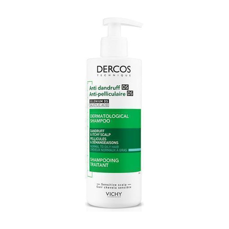 薇姿 Dercos DS 绿标去屑洗发水正面展示，白色泵头瓶身搭配绿色标签设计。