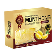 越南特级蒙通无核冷冻榴莲肉400克包装盒，金色包装印有Monthong Frozen Durian Seedless字样及榴莲图案