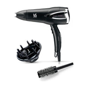 VS Sassoon Expert Turbo 2400 黑色电吹风主机，配有扩散风嘴和圆形造型梳配件，白色背景产品图。